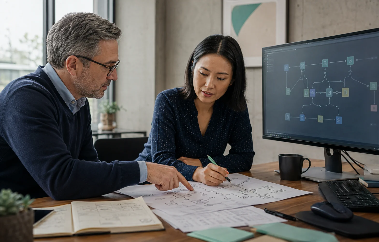 Two professionals mapping a governed AI workflow with approval steps